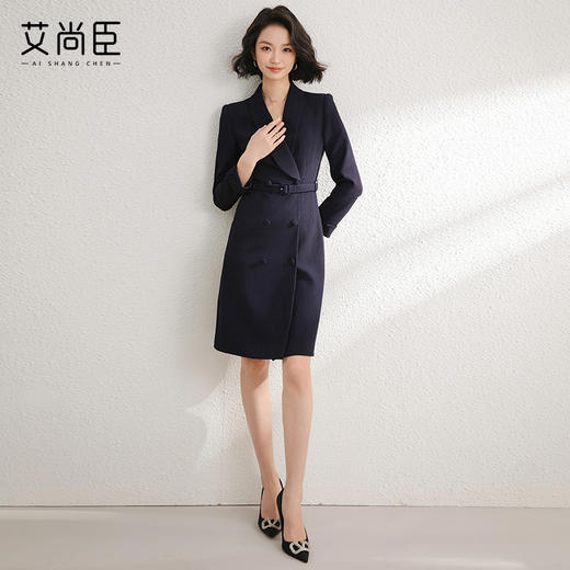 气质西装式连衣裙女2024早春新款时尚藏青色双排扣裙子通勤工作服 商品图3