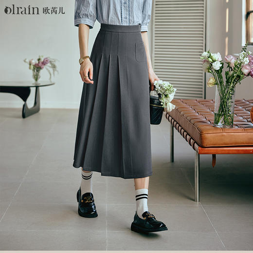 OLrain欧芮儿灰色半身裙女早春2024年新款通勤百搭设计感百褶长裙 商品图0