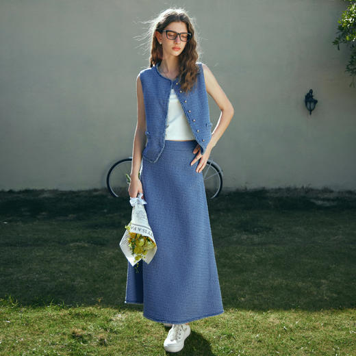 OLrain欧芮儿蓝色时尚套装女早春2024新款小香风马甲半身裙两件套 商品图1