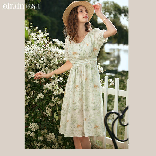 OLrain欧芮儿法式碎花连衣裙女早春2024年新款小清新显瘦收腰长裙 商品图0