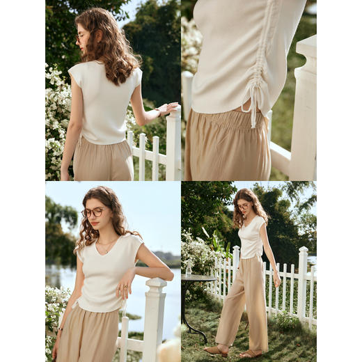 OLrain欧芮儿杏色V领针织衫女早春2024年新款冰丝抽绳短袖上衣 商品图2