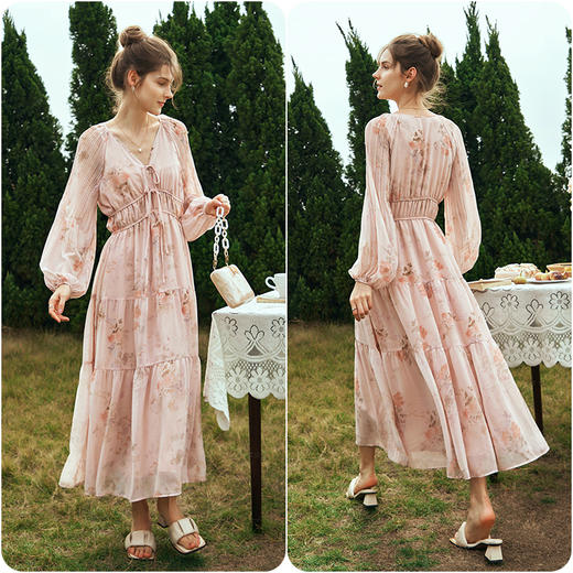 OLrain欧芮儿粉色连衣裙女秋冬2023年新款气质浪漫V领收腰雪纺裙 商品图4