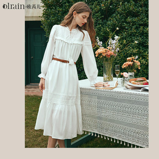 OLrain欧芮儿法式米白色连衣裙女早春2024新款气质刺绣蕾丝边长裙 商品图0
