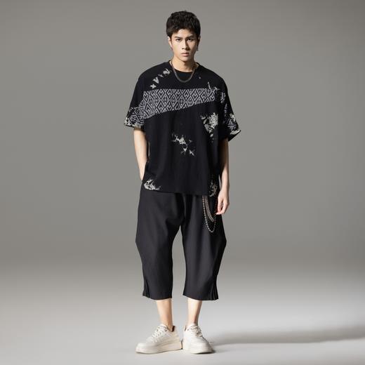 PINLI品立2024夏季新款拼接泼墨短袖T恤潮牌男士宽松休闲体恤上衣B242111006 商品图4