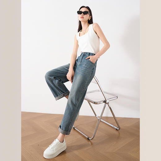 OLrain欧芮儿水洗蓝牛仔裤女春季2024年新款通勤休闲九分老爹裤 商品图4