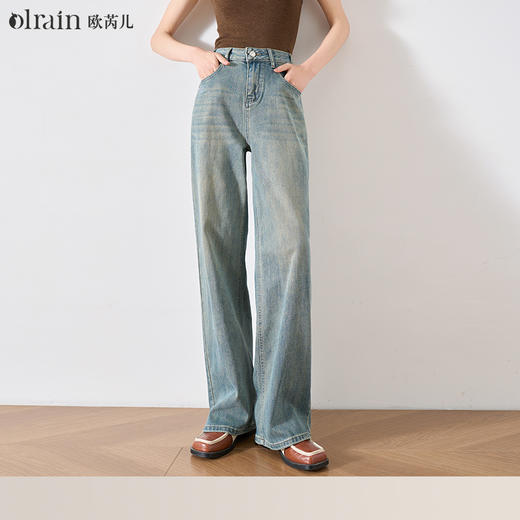 OLrain欧芮儿复古蓝牛仔裤女春季2024年新款高腰百搭直筒阔腿裤 商品图0