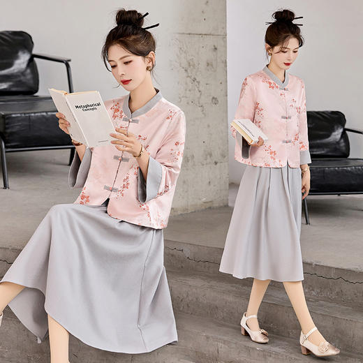 新中式国风印花套装裙，修身复古中长款连衣裙两件套HR-GJC9223 商品图2
