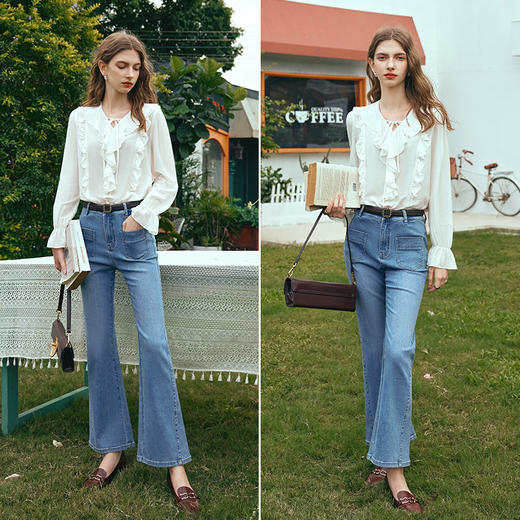 OLrain欧芮儿米白色雪纺衫女早春2024新款法式V领荷叶边衬衫上衣 商品图4