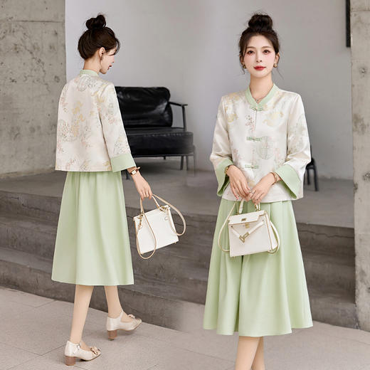 新中式国风印花套装裙，修身复古中长款连衣裙两件套HR-GJC9223 商品图3