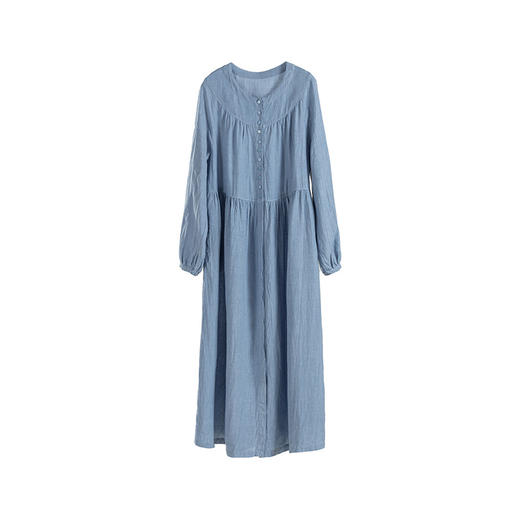 绽放051朵/雾蓝色亚麻磨毛成衣染色碎褶长袖文艺旅游穿搭连衣裙 商品图3
