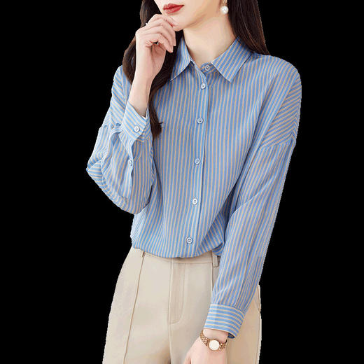 LS897 蓝色真丝衬衫女2024新款春季翻领条纹长袖双绉宽松休闲桑蚕丝衬衣 商品图4