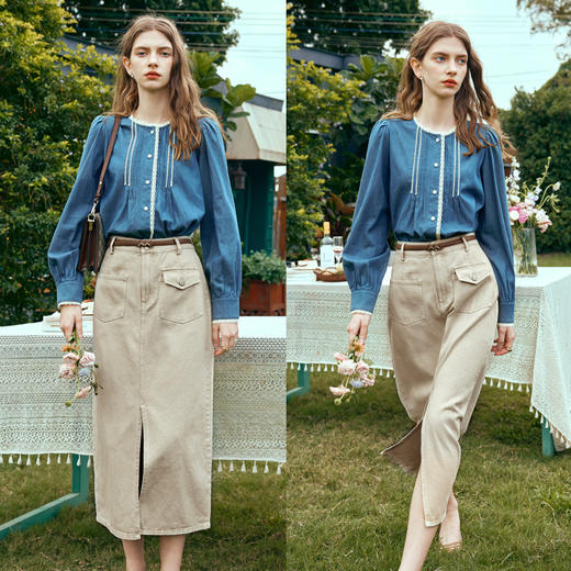 OLrain欧芮儿蓝色衬衫女春季2024年新款蕾丝花边水洗牛仔衬衣上衣 商品图4