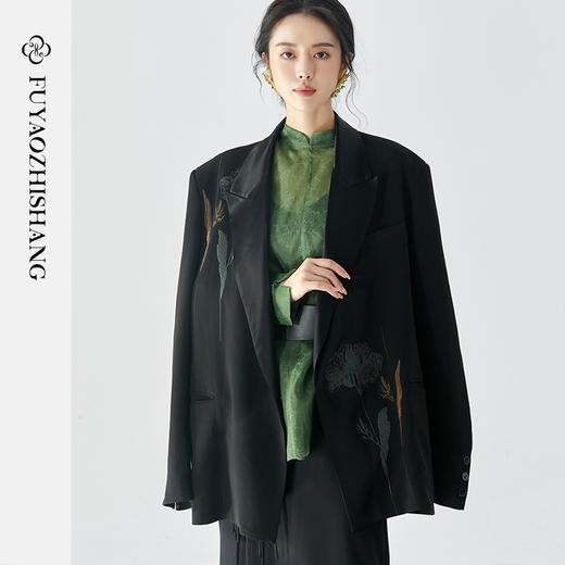 扶摇 刺绣西装男女同款长袖小西服新中式女装小众oversize黑 商品图0
