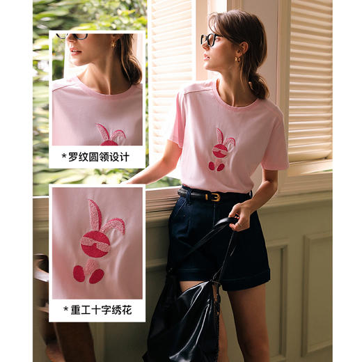 OLrain欧芮儿粉色短袖T恤女早春2024新款气质显瘦趣味十字绣上衣 商品图3