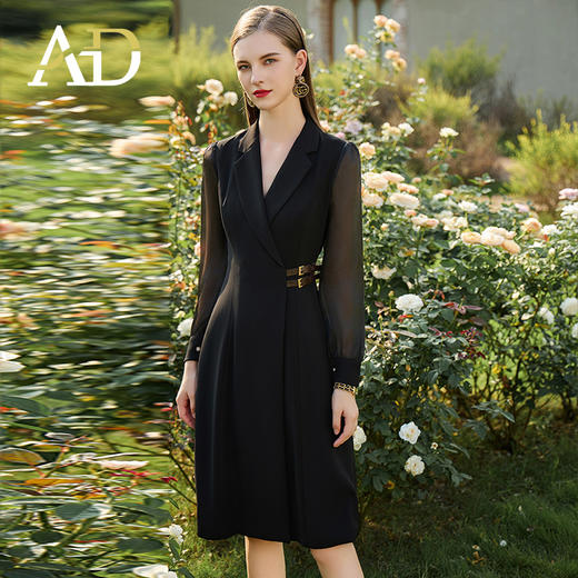AD新中式连衣裙女遮肉显瘦接拼西服裙子正式场合国风长袖裙子春季 商品图3