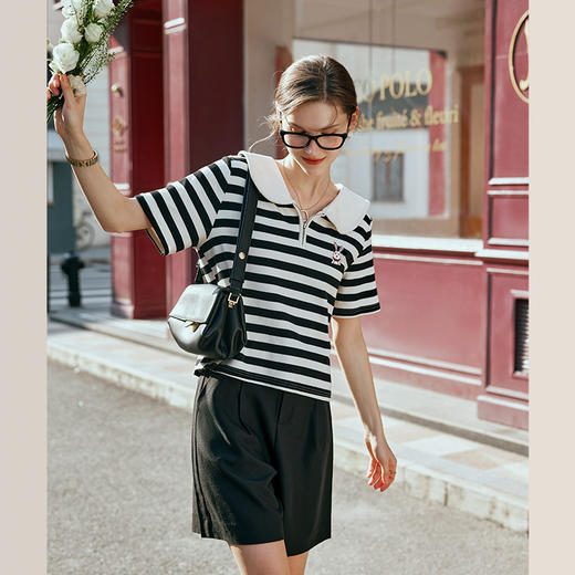 OLrain欧芮儿黑白条纹T恤女早春2024年新款宽松娃娃领短袖上衣 商品图1