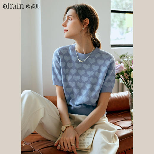 OLrain欧芮儿浅蓝色针织衫女早春2024年新款双色爱心提花短袖上衣 商品图0