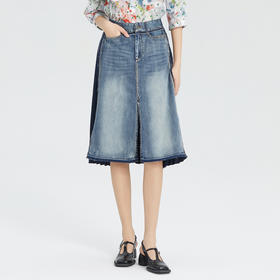 谜底半身裙2024夏季新款复古高腰百搭牛仔拼接中长裙女246MB7005