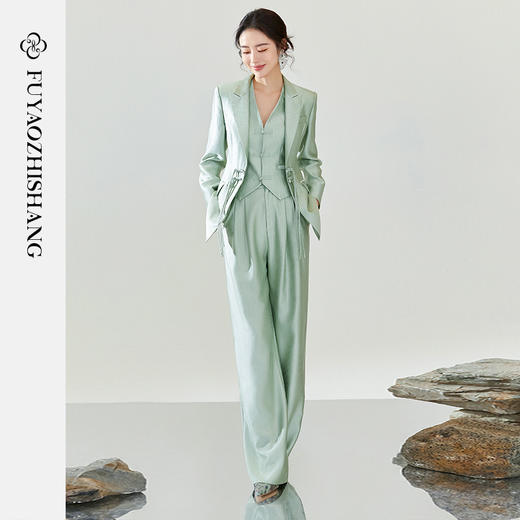 扶摇 中国风盘扣绿色西装外套两件套女春高级感休闲时尚套装 商品图1
