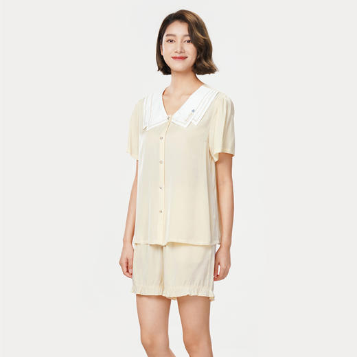 都市丽人生活家居春夏睡衣女泡泡梭织棉家居服薄款短袖短裤女士梭织棉套装LH41D8 商品图1
