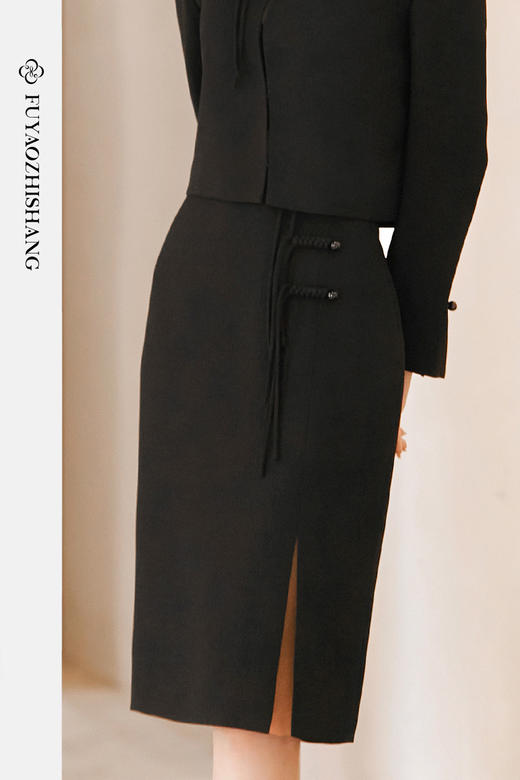 扶摇 秋季新款黑色半身裙女新中式国风开叉中长裙绑带包臀裙 商品图5