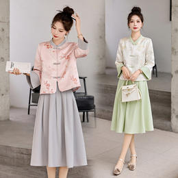 新中式国风印花套装裙，修身复古中长款连衣裙两件套HR-GJC9223