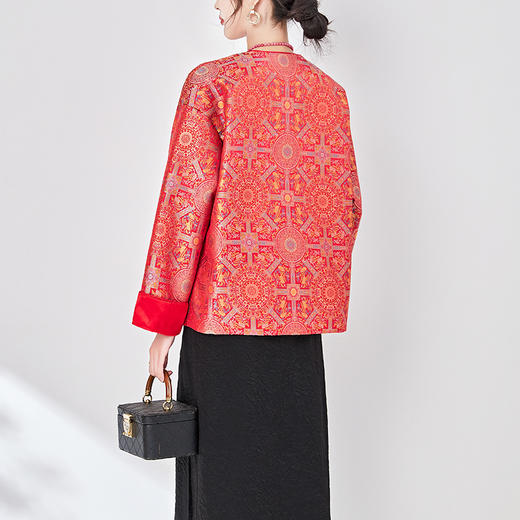 复古国风新中式，女装春季人丝提花缎红色上衣外套WLZD-2403104 商品图1
