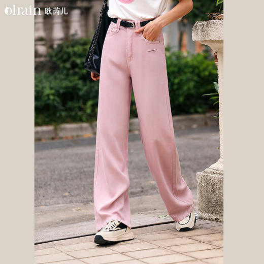 OLrain欧芮儿粉色高腰牛仔裤女早春2024年新款复古通勤休闲直筒裤 商品图0