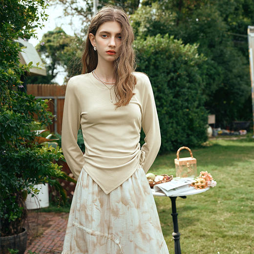 欧芮儿纯色抑菌长袖T恤女早春2024新款设计感抽绳不规则打底上衣 商品图1