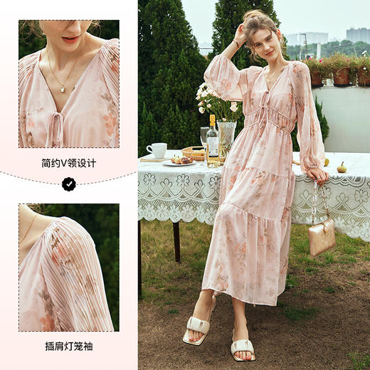 OLrain欧芮儿粉色连衣裙女秋冬2023年新款气质浪漫V领收腰雪纺裙 商品图3