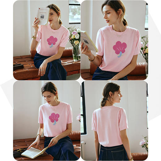 OLrain欧芮儿粉色针织衫女早春2024年新款圆领甜美小花短袖套头衫 商品图2