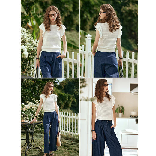 OLrain欧芮儿杏白色镂空针织衫女早春2024年新款宽松荷叶袖上衣 商品图2