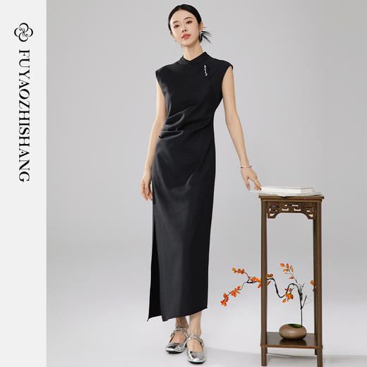 FUYAO扶摇 深灰色旗袍长裙早春开衩复古斜襟立领新中式短袖连衣裙 商品图1