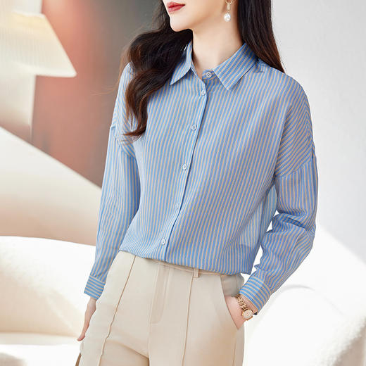LS897 蓝色真丝衬衫女2024新款春季翻领条纹长袖双绉宽松休闲桑蚕丝衬衣 商品图0