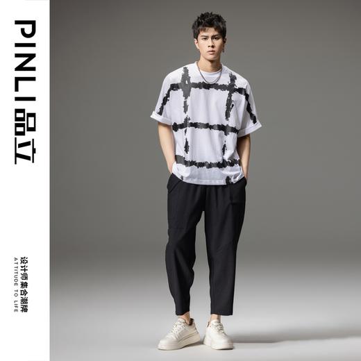PINLI品立2024夏季新款印花短袖T恤潮牌撞色男士圆领半袖体恤上衣B242111003 商品图1
