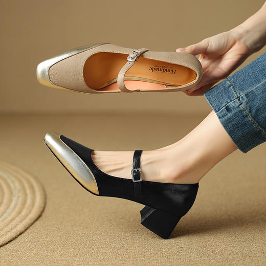 【预售5天】春夏新款，拼接粗跟时尚全皮单鞋LD&6711 商品图0