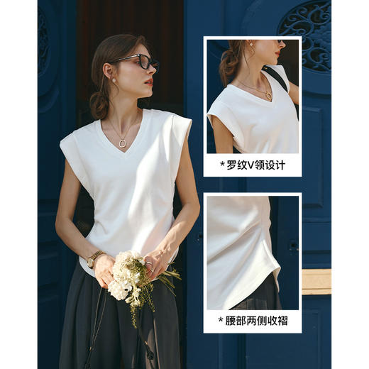 OLrain欧芮儿白色宽松T恤女早春2024年新款设计感飞飞袖V领上衣 商品图3