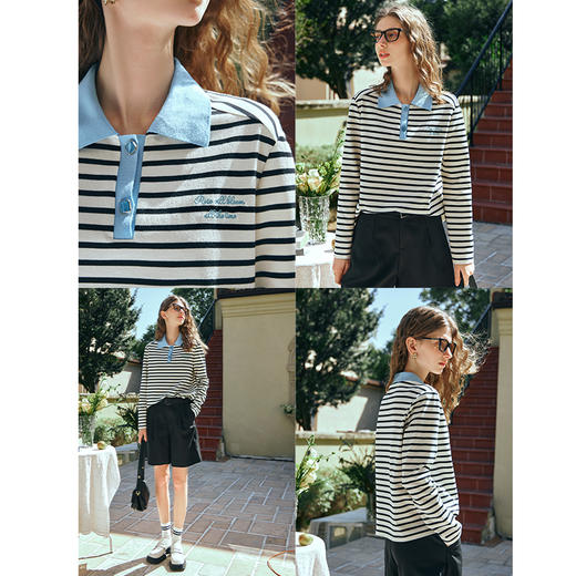 OLrain欧芮儿POLO领长袖T恤女早春2024年新款时尚宽松条纹上衣 商品图2