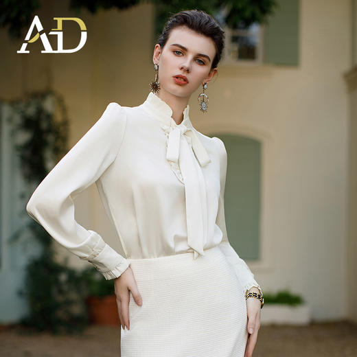 AD米色立领衬衣新款复古宫廷千金风上衣温柔木耳边衬衫女内搭长袖 商品图3