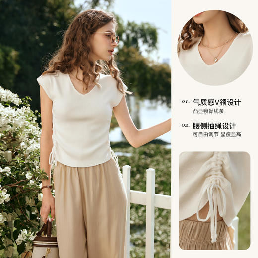 OLrain欧芮儿杏色V领针织衫女早春2024年新款冰丝抽绳短袖上衣 商品图3