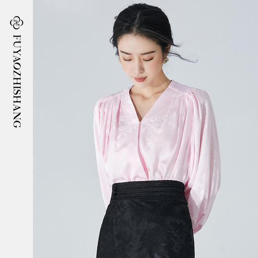 扶摇 改良版汉服衬衣长袖上衣日系新中式国风粉色真丝衬衫女 商品图0