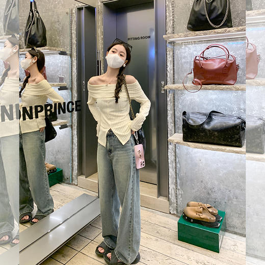 <曾小咸推荐> 【温柔小心机】一字肩露肩开叉T恤 商品图1