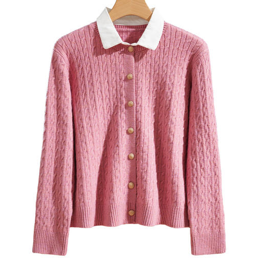 J485衬衫领麻花开衫毛衣外套女短款春秋2024新款春装洋气外搭针织上衣 商品图4