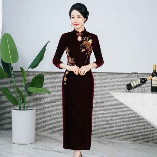 新款改良丝绒旗袍长款气质HYX-23-7806 商品图2