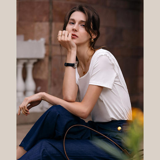 OLrain欧芮儿米白色正肩T恤女早春2024年新款气质方领荷叶边短袖 商品图1