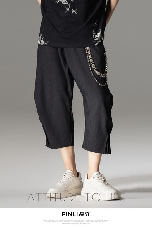 PINLI品立2024夏季新款纯色宽松七分裤潮牌时尚褶皱直筒休闲裤男B242117022 商品图6