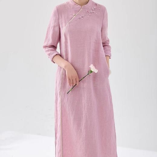亚麻刺绣长袖长款连衣裙，立领宽松轻旗袍HS24832 商品图0