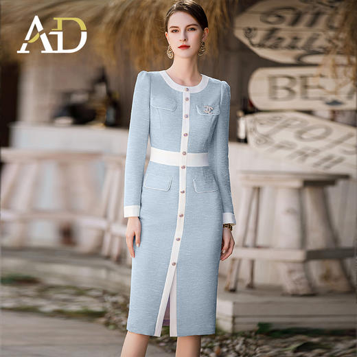 AD名媛气质小香风连衣裙蓝色长袖裙时尚圆领接拼包臀裙 商品图1