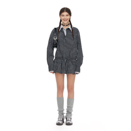 NUTH假两件收腰显瘦条纹长袖衬衫连衣裙女 商品图3