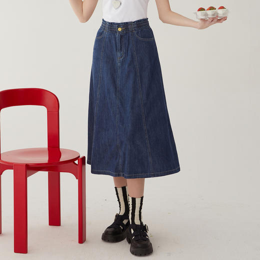 谜底气质牛仔半身裙2024夏季新款复古高腰A型长裙松紧腰246MB7003 商品图0